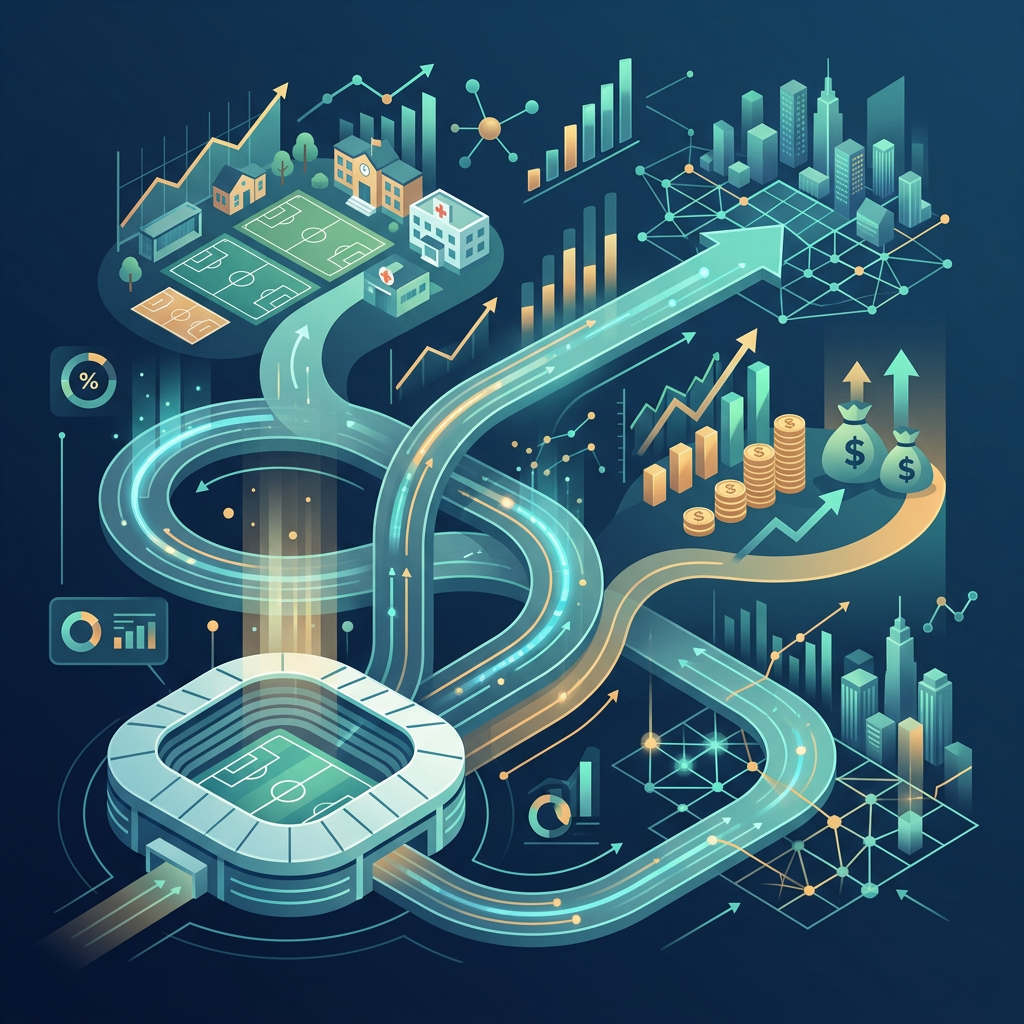 Illustrated sports business growth with stadiums, charts, city buildings, money, and data networks