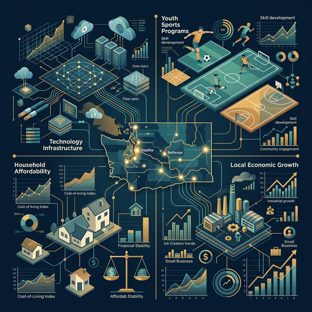 Infographic linking Washington technology, sports, affordability, and economic growth indicators