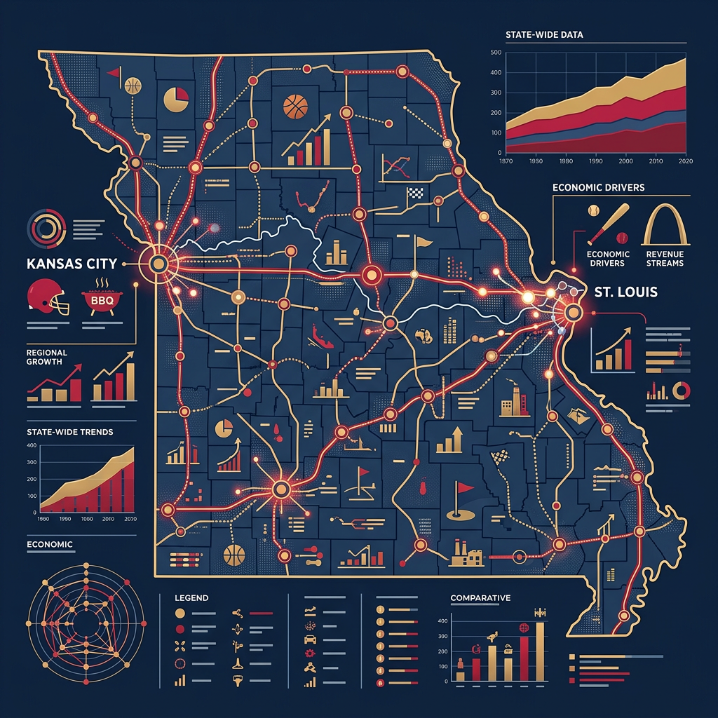 Missouri economic infographic map featuring Kansas City, St. Louis, charts, and regional data