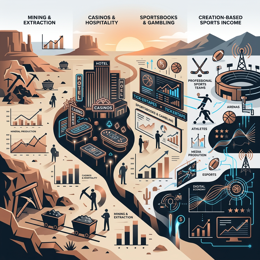 Infographic showing mining, casinos, sports betting, arenas, media, esports, and digital economy