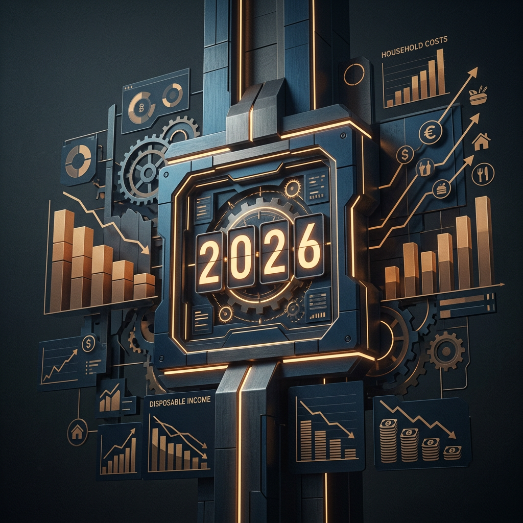 Futuristic financial dashboard marked 2026 with household costs and disposable income charts