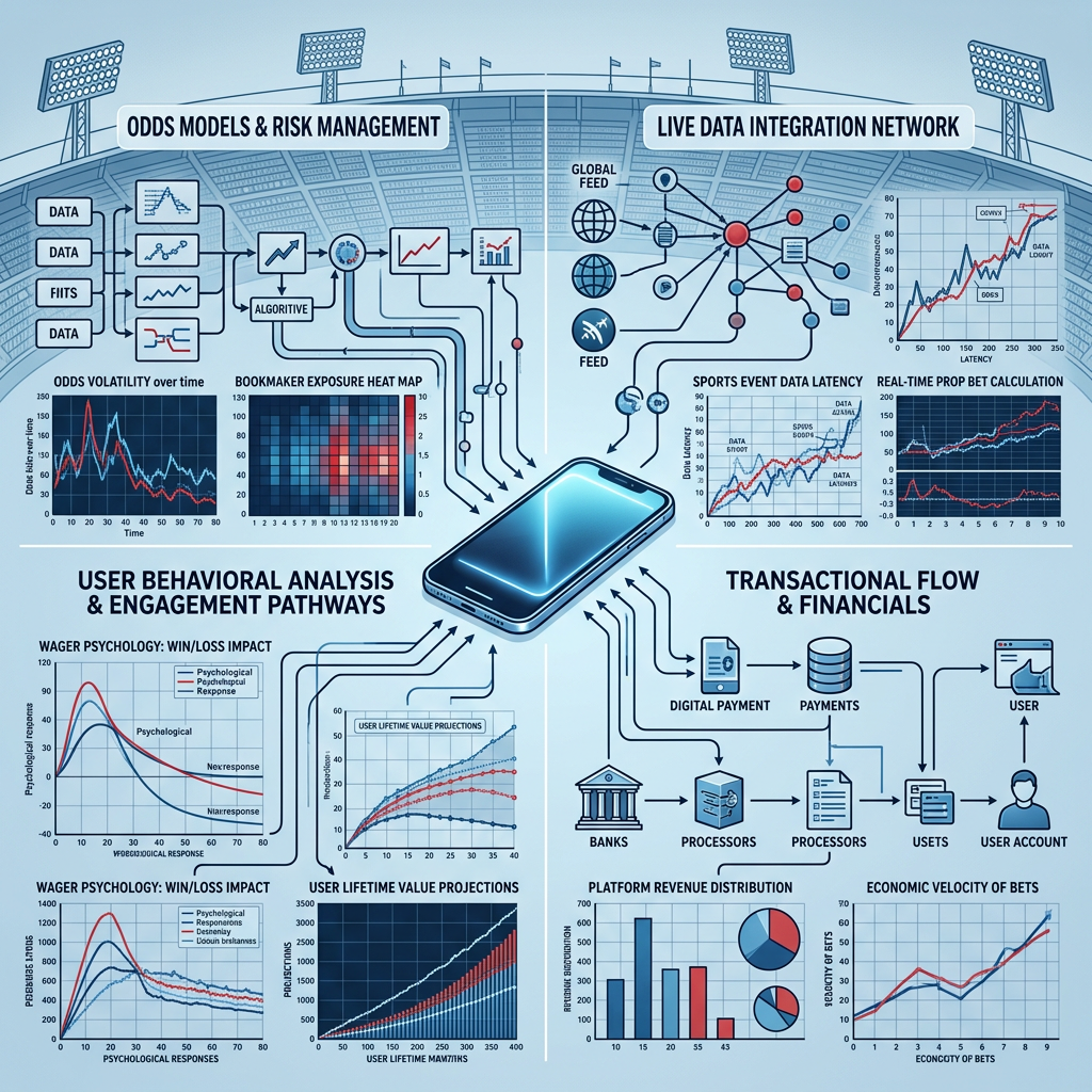 Infographic linking sports betting analytics, live data, user behavior, and financial transactions