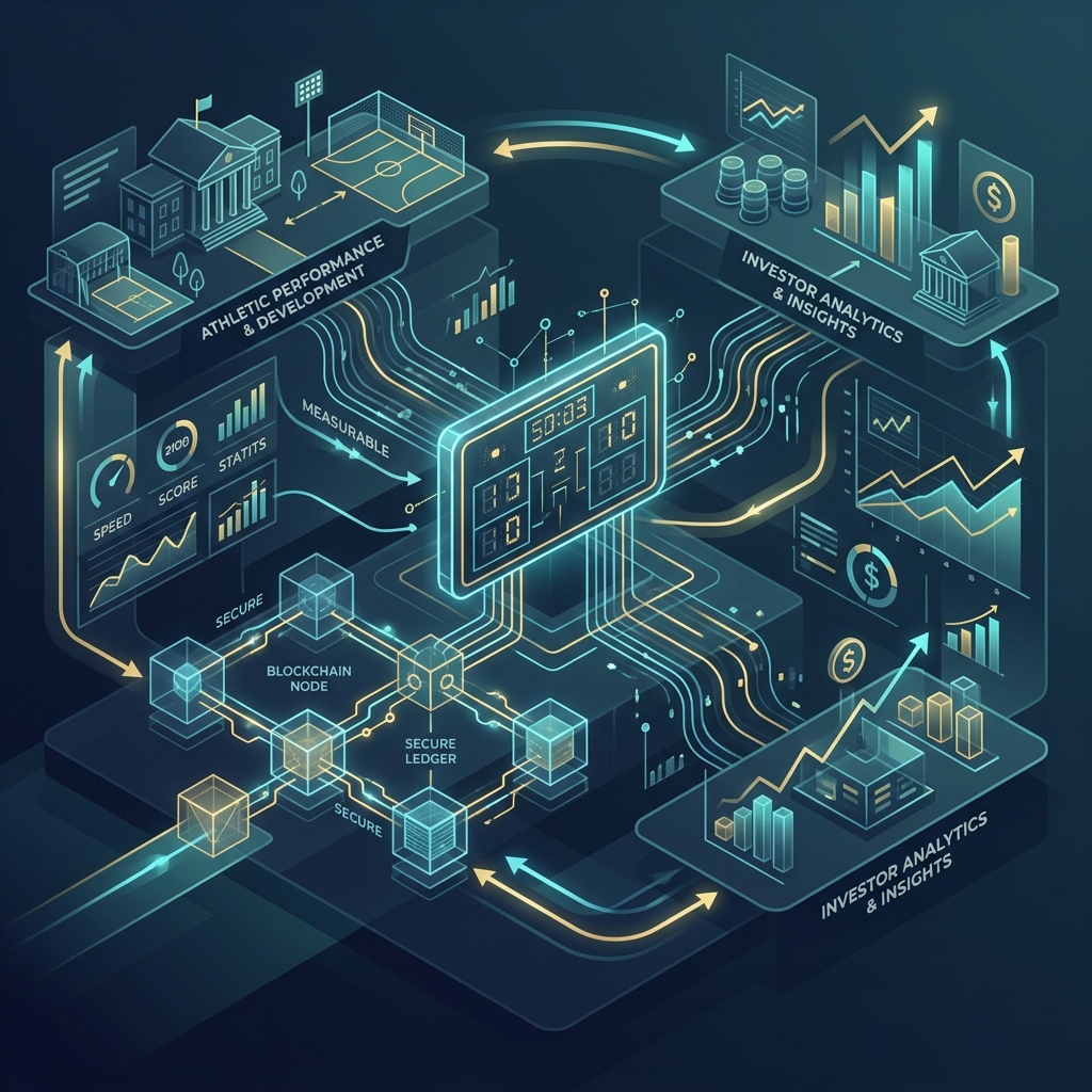 Isometric dashboard labeled Athletic Performance, Investor Analytics, Blockchain Node, Secure Ledger, Speed, Score, and Stats