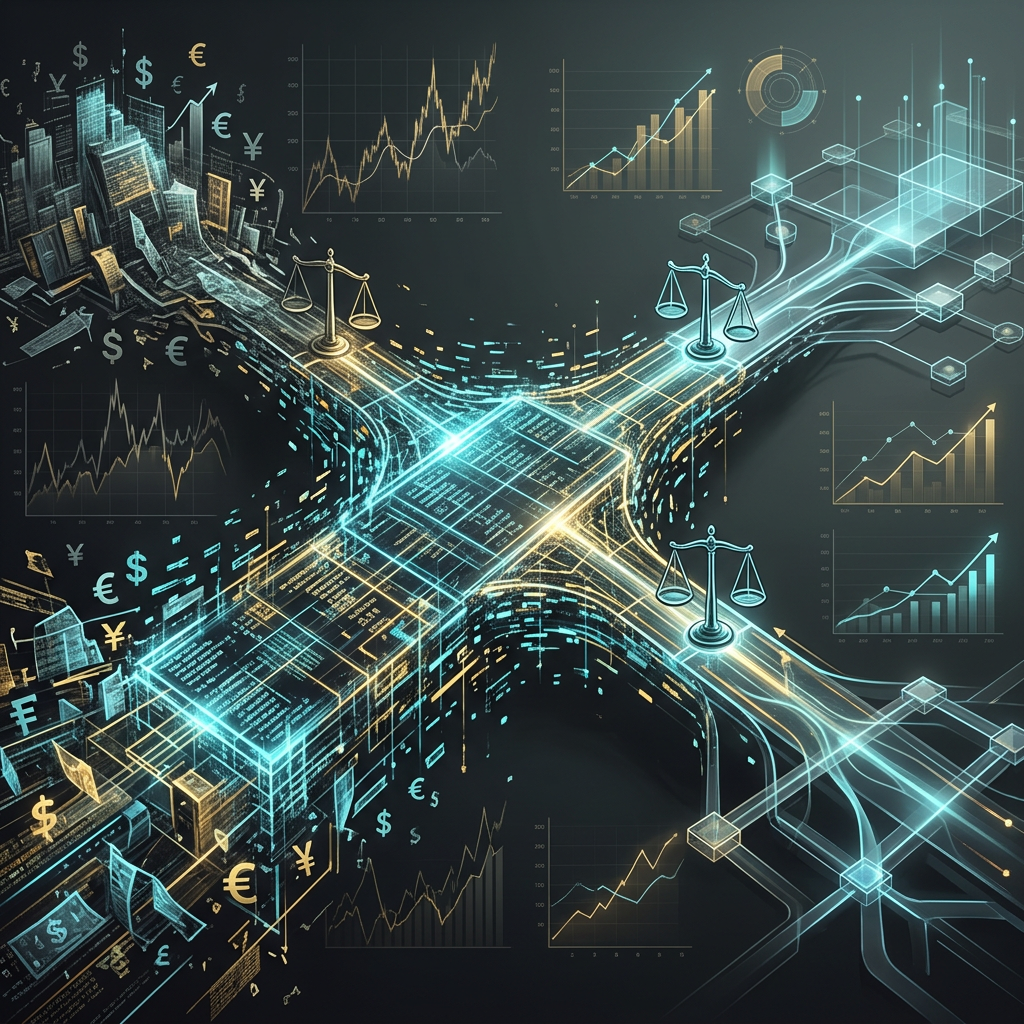 Futuristic financial network with currency symbols, charts, and legal scales