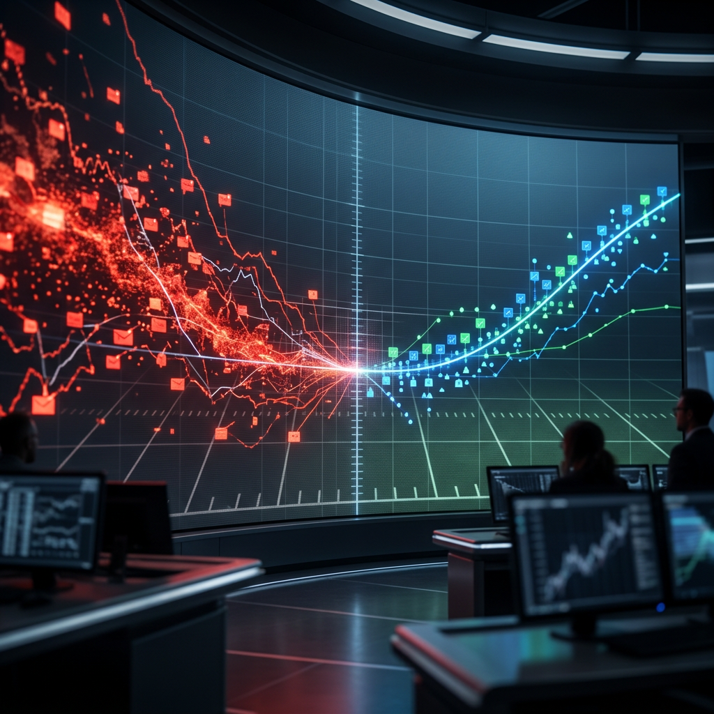 Control room with analysts viewing red declining and blue-green rising charts