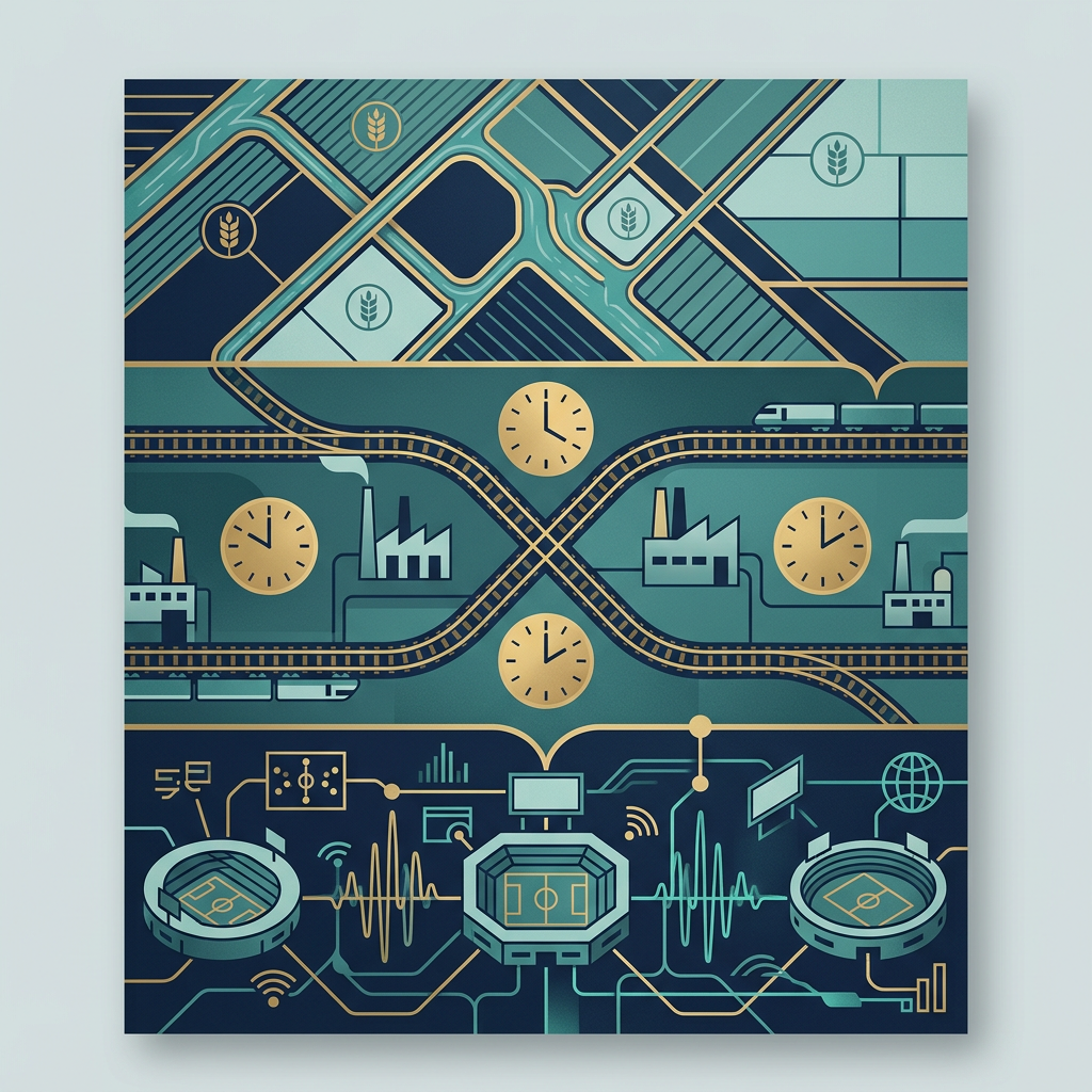 Stylized infographic linking farmland, railways, factories, clocks, and sports technology