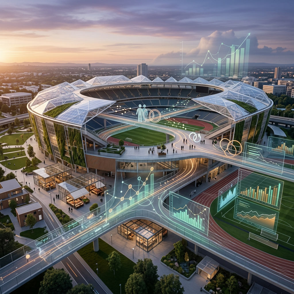 Futuristic stadium with sports analytics graphics and elevated pedestrian paths