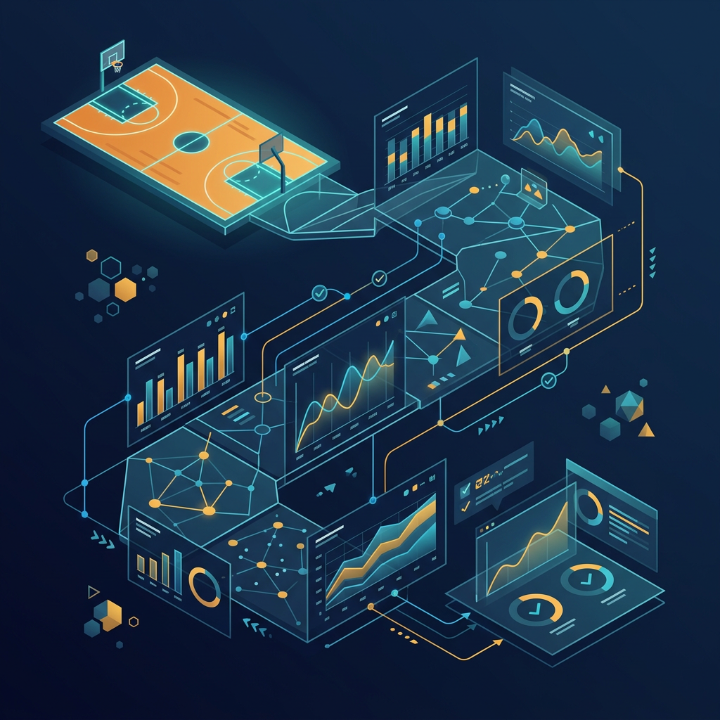 Illustration connecting a basketball court with sports analytics charts and data diagrams