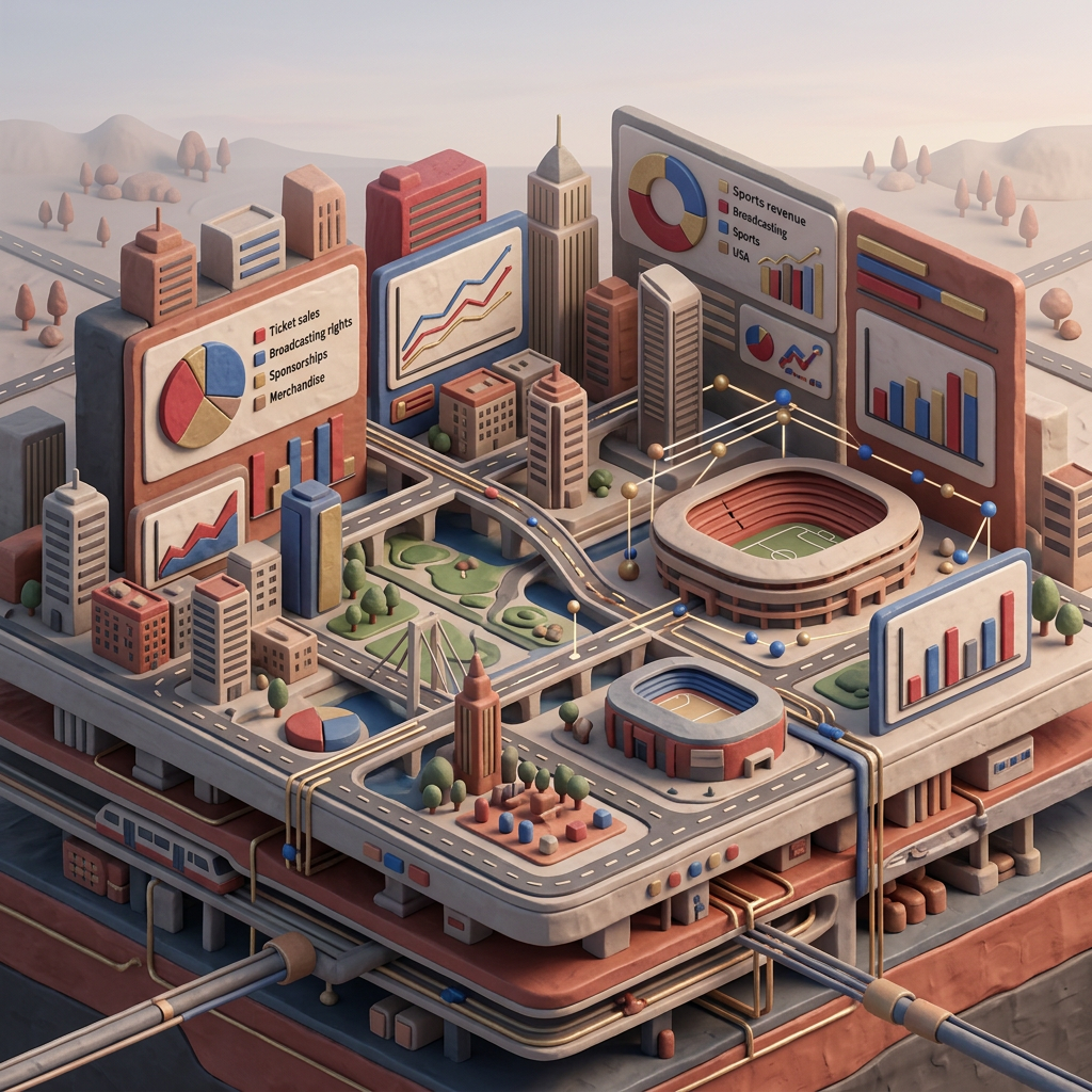 Miniature sports city with charts labeled Ticket sales, Broadcasting rights, Sponsorships, Merchandise, Sports revenue, Broadcasting, Sports, USA