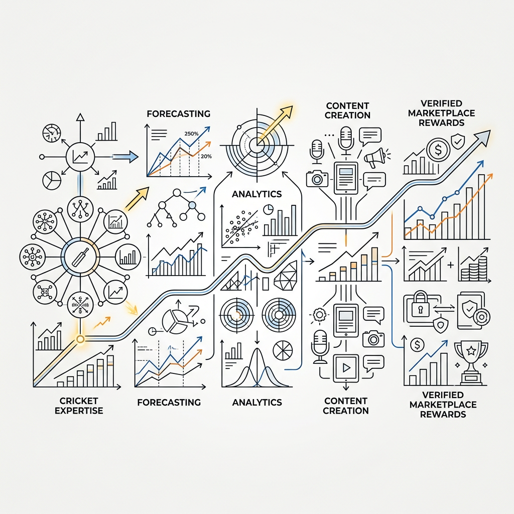 Diagram labeled Cricket Expertise, Forecasting, Analytics, Content Creation, and Verified Marketplace Rewards, with charts and icons.