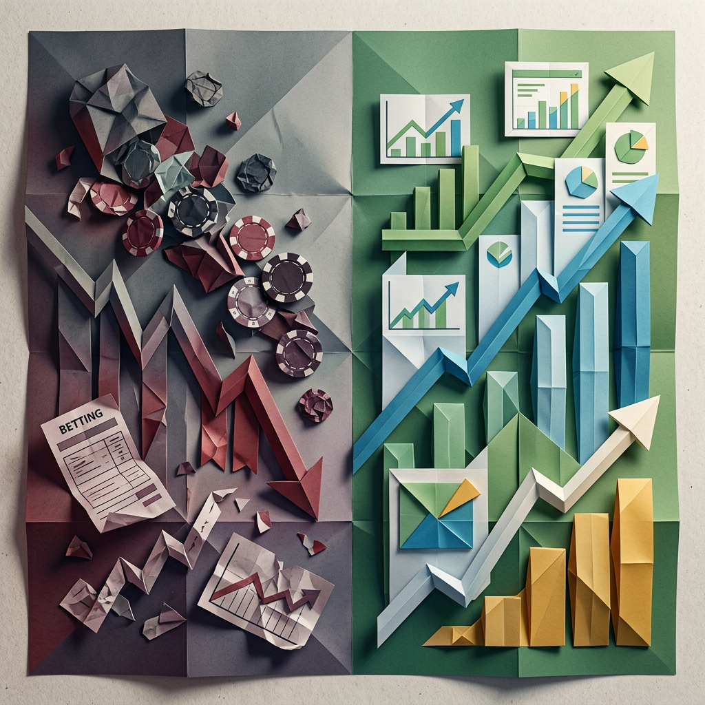 Paper-art scene labeled BETTING contrasts losses with rising financial charts