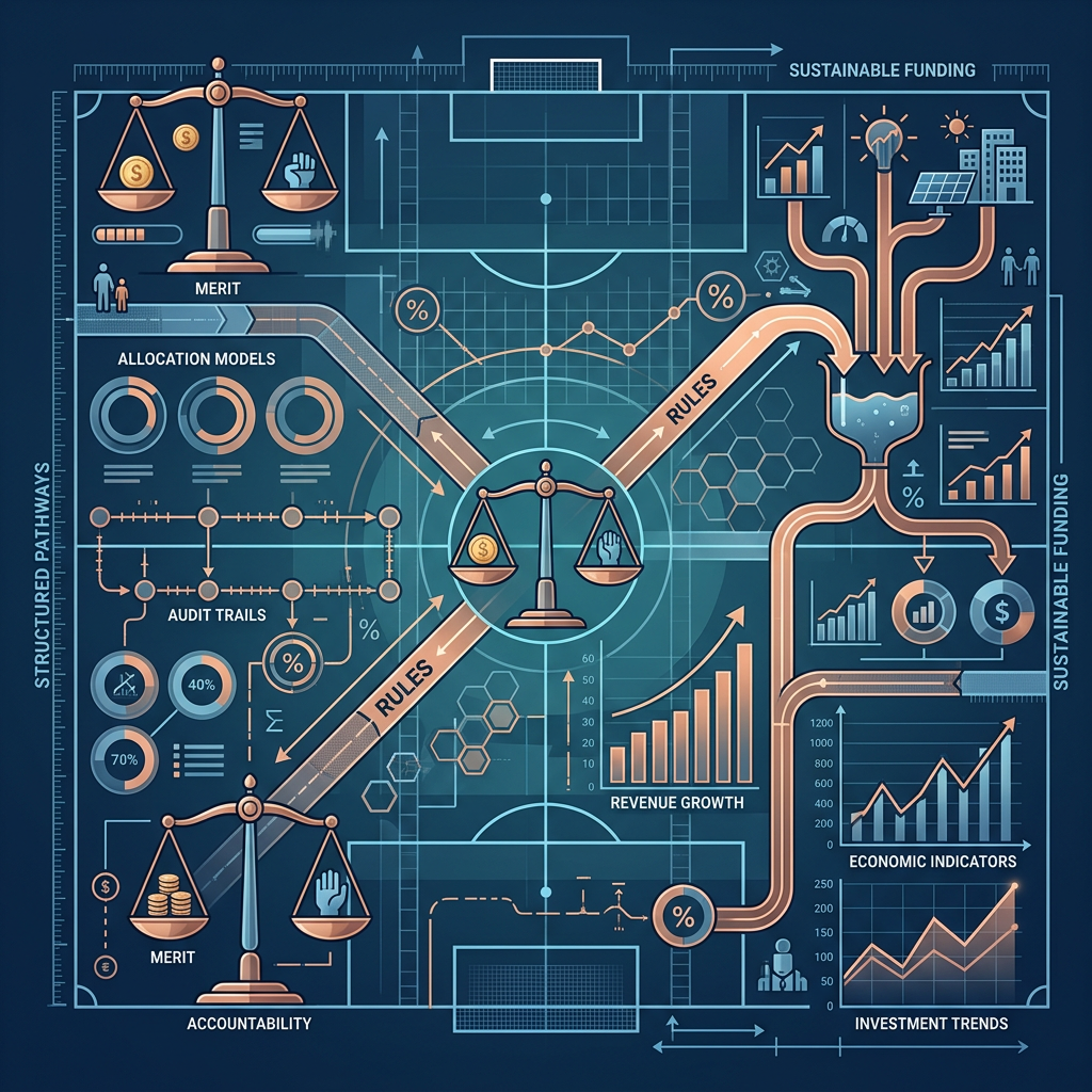 Infographic showing sustainable funding, allocation models, audit trails, rules, revenue growth, and investment trends