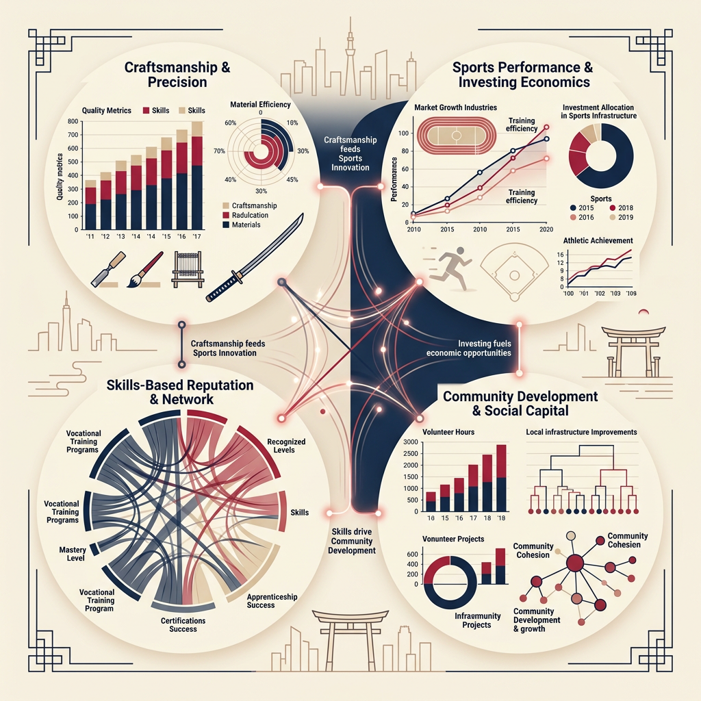 Infographic connecting craftsmanship, sports performance, skills networks, and community development through charts and diagrams