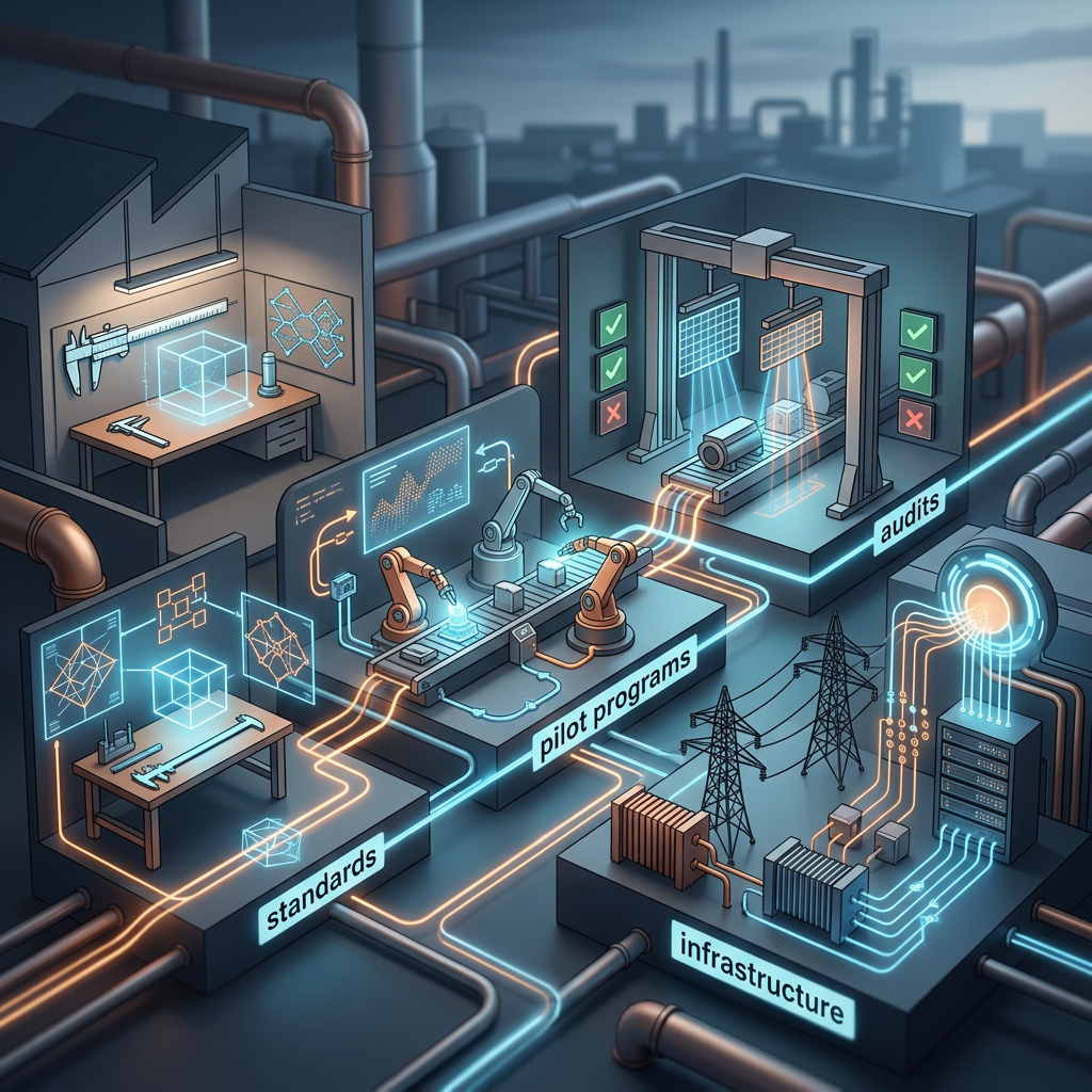 Industrial automation network connecting standards, pilot programs, audits, and infrastructure