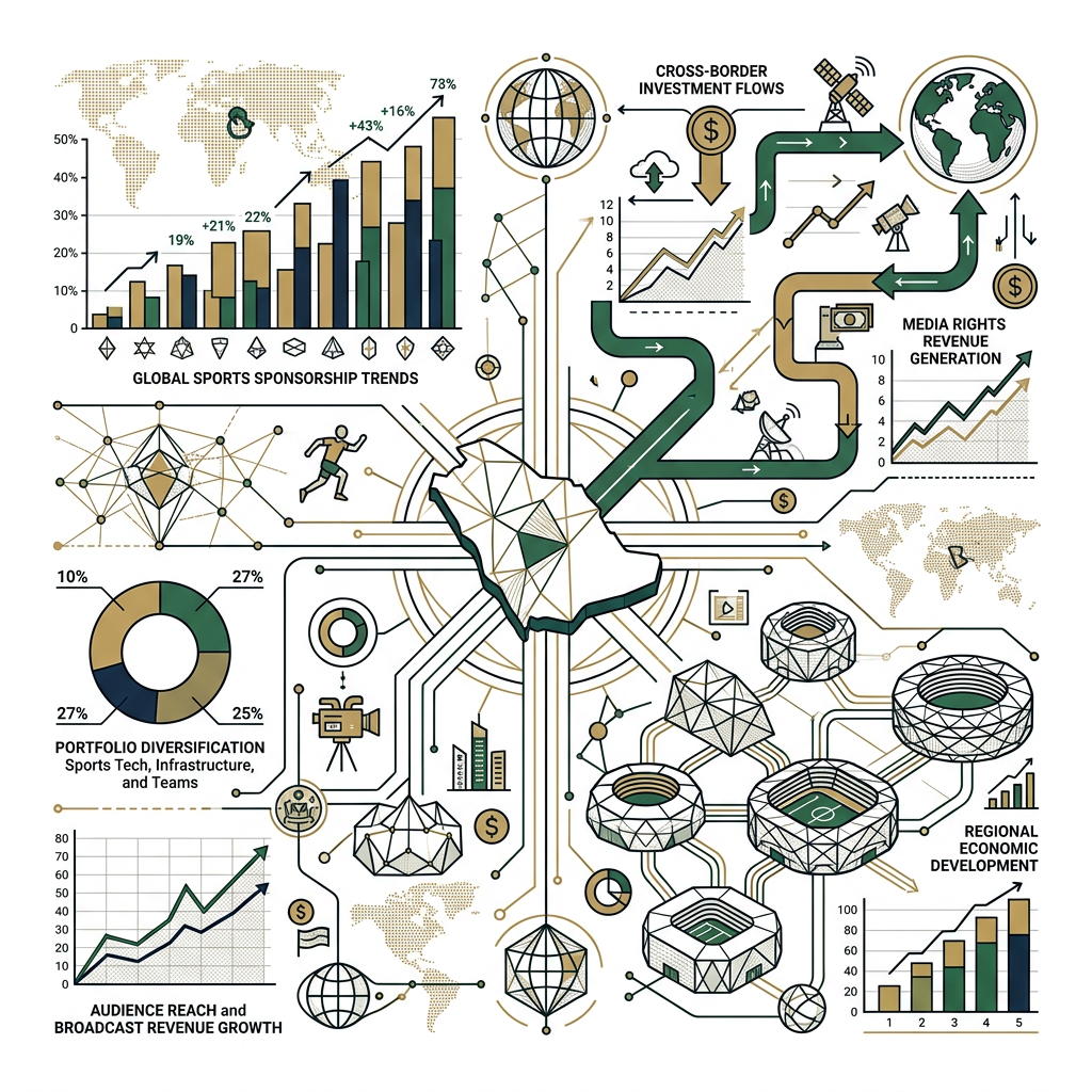 Infographic showing global sports sponsorship, investment flows, media revenue, and regional development