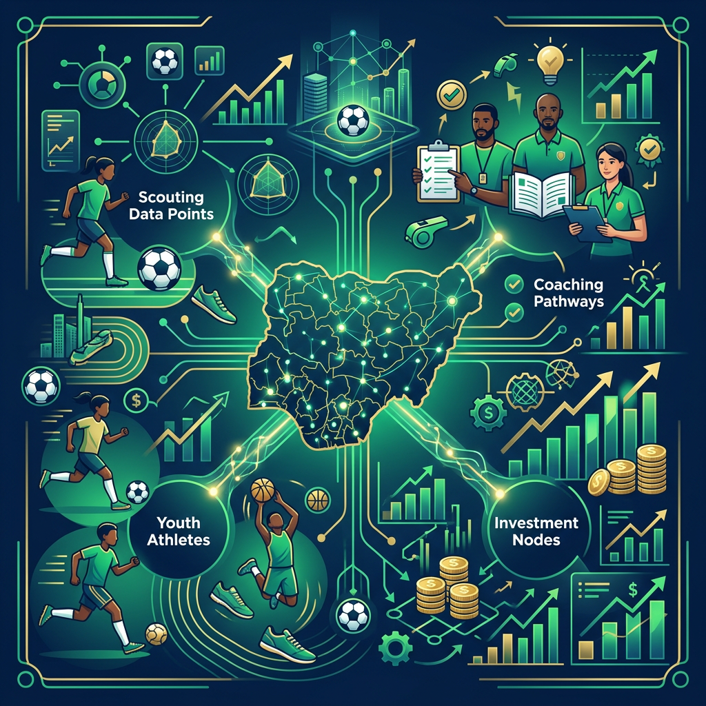 Infographic labeled Scouting Data Points, Coaching Pathways, Youth Athletes, and Investment Nodes, with football players, analytics, maps, charts, and financial symbols.