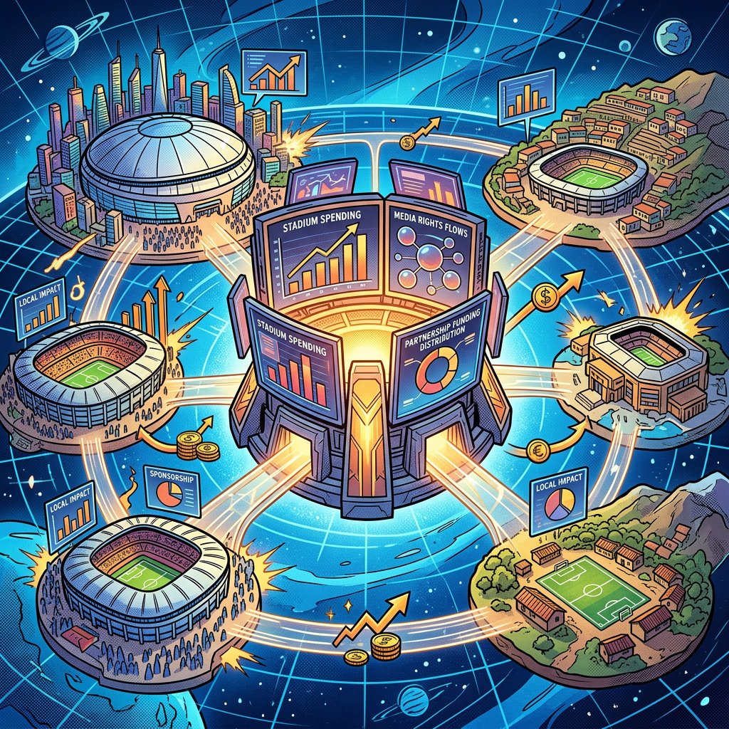 Sports finance illustration labeled STADIUM SPENDING, MEDIA RIGHTS FLOWS, PARTNERSHIP FUNDING DISTRIBUTION, LOCAL IMPACT, and SPONSORSHIP