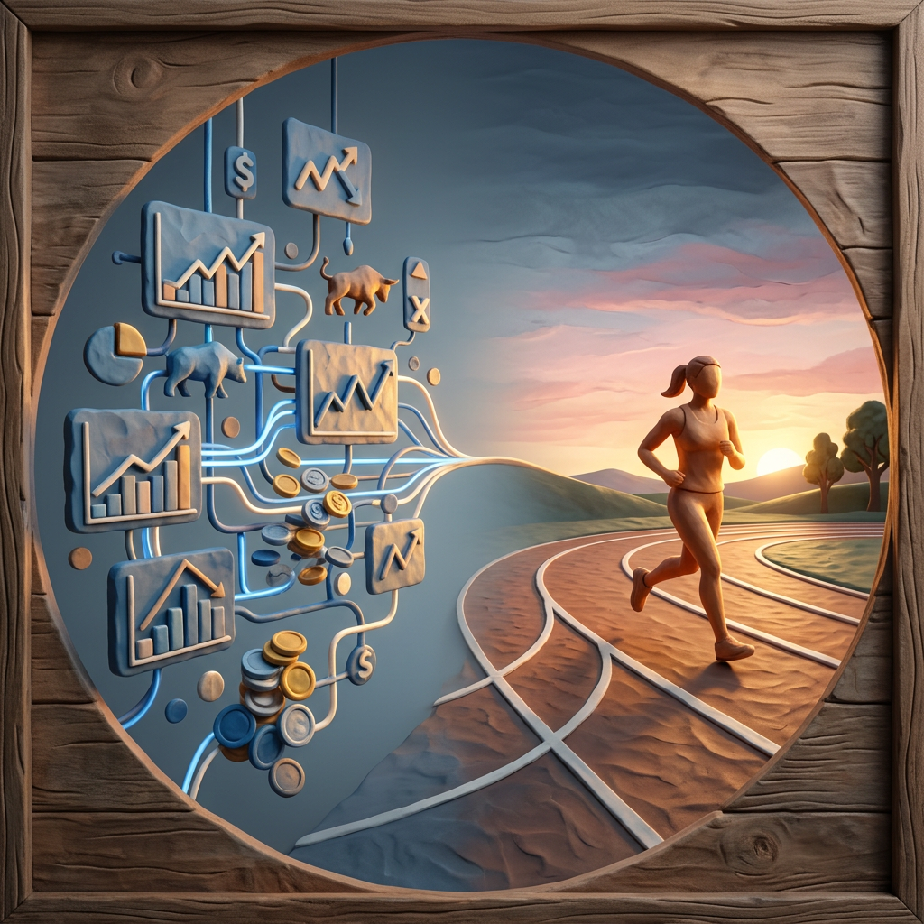Runner on track beside financial charts, coins, and market symbols