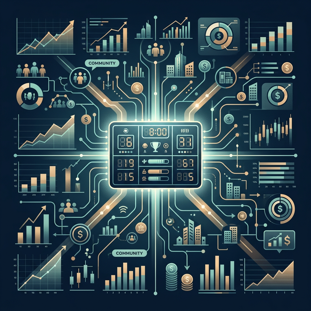 Financial analytics dashboard surrounded by charts, coins, buildings, and community icons